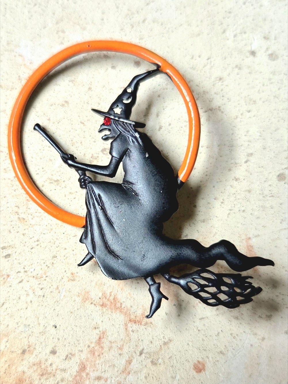 Vintage 1980's JJ Jonette Flying Witch Pin Brooch Orange & Black 3" Halloween